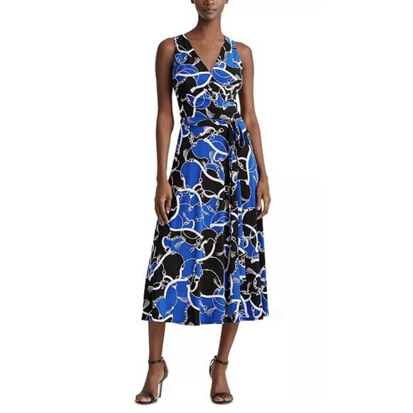 Lauren Ralph Lauren Tie Wast Sleeveless Midi Dress Blue Black Equestrian Print 4 - Picture 1 of 6